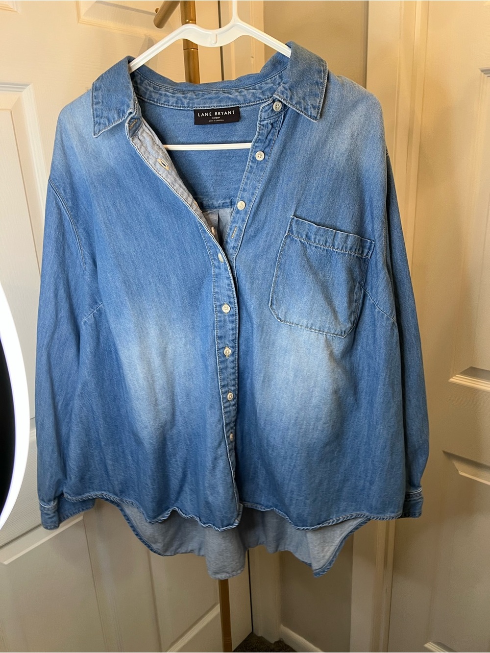 Lane Bryant Blue Denim Button-Front Shirt high low extra button for full coverag